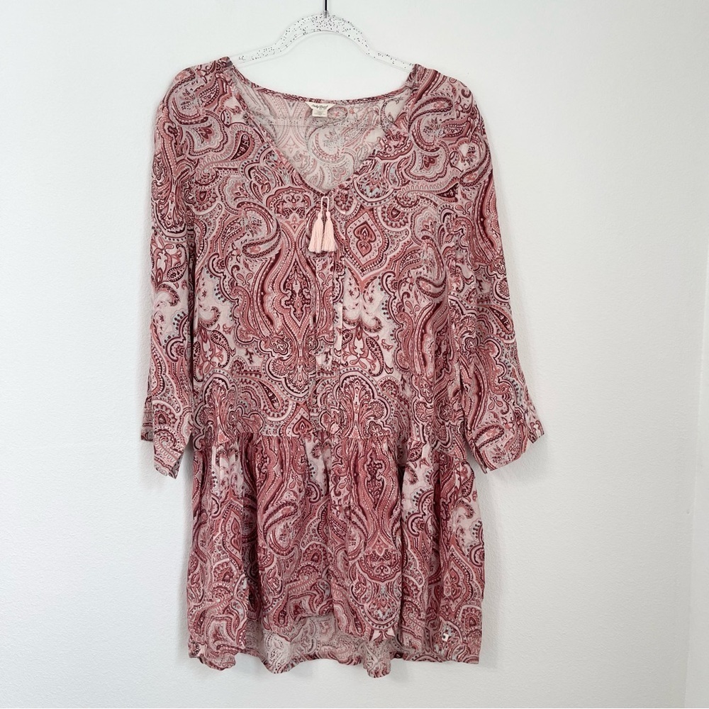 Lucky Brand| Paisley Boho Festival Casual Tassel V Neck Mini Dress Size M